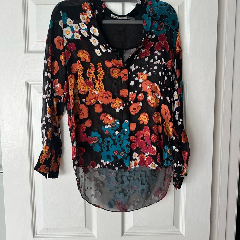 Alice + Olivia Graphic 100% Silk Black and Orange Relaxed Blouse
